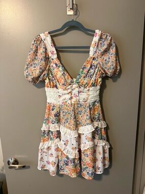 Altar'd State White Mini Dress with Orange & Blue Patchwork Floral Print